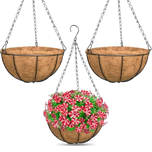 3 Pack 14 Inch Hanging Baskets for Plants Outdoor Indoor, Metal Hanging Planters Flower Pots with Coco Liners Replacement, Decor Garden Flowers Vegetables Plants - color: 3 Pack, size: 14 Inch