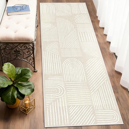 Washable Runner Rug 2x6 Area Rug Low Pile Mid Century Modern | Long Throw Carpet Runner for Hallway Kitchen Bedroom Bedside Laundry Room Non Slip Floor Boho Abstract Beige and White - color: Beige and White, size: 2' x 6' (Rectangular)