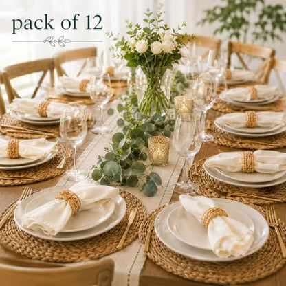 Alpha Living Home Rattan Napkin Rings, Brown, Set of 12 | Natural cane & plastic blend, 2x2x1 in each, boho rustic style, handcrafted, fits various napkin thicknesses - color: Tan, size: 12- Pack