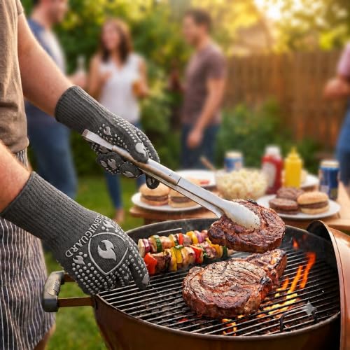IGNISGUARD® BBQ Gloves, Heat Resistant Grill Gloves, 1 Pair, Gray (M) | EN407:2020 tested with textured silicone grip, three-layer construction and long knit cuff for added wrist coverage. - color: Gray, size: Medium