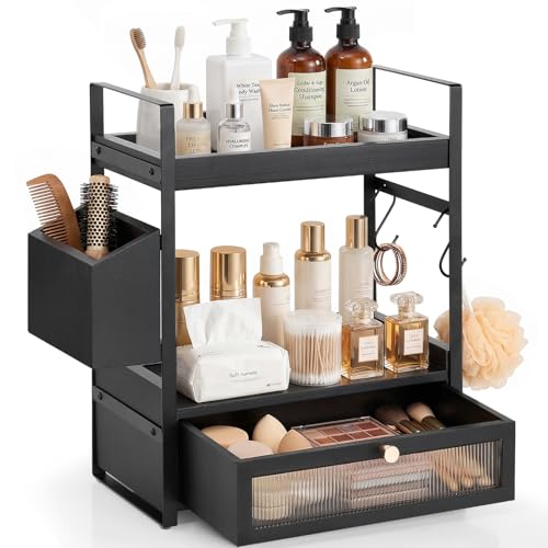 2-Tier Bathroom Counter Organizer with Acrylic Drawer & Basket, Wood Bathroom Countertop Organizer for Bathroom Decor, Rustic Black Bathroom Organizers and Storage, Bathroom Shelf for Office, Kitchen