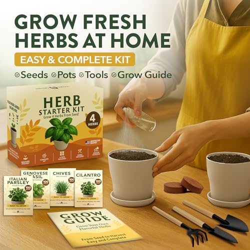 HOME GROWN Herb Garden Planter Indoor Kit – Unique Christmas Gift for Adults, Men, & Women - Grow 4 Heirloom Herb Seeds on Kitchen Window – Beginner DIY Craft & Hobby Gardening Gift for Plant Lovers - style: Starter Herb Grow Kit