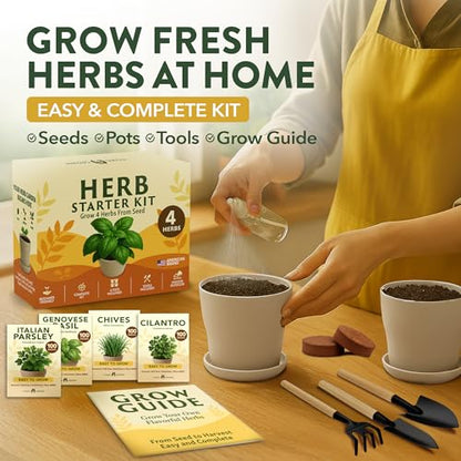 HOME GROWN Herb Garden Planter Indoor Kit – Unique Christmas Gift for Adults, Men, & Women - Grow 4 Heirloom Herb Seeds on Kitchen Window – Beginner DIY Craft & Hobby Gardening Gift for Plant Lovers - style: Starter Herb Grow Kit