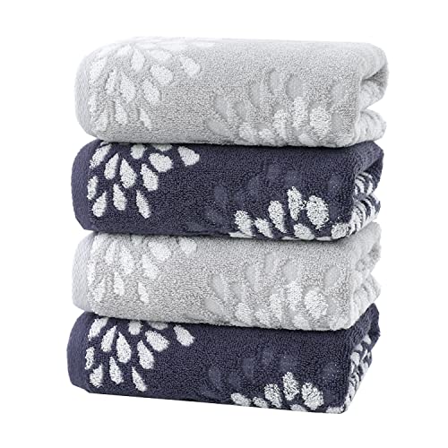Hand Towels Set of 4 Hydrangea Floral Pattern 100% Cotton Absorbent Soft Decorative Towel for Bathroom (Light Grey & Denim Blue) - color: 2 Light Grey & 2 Denim Blue