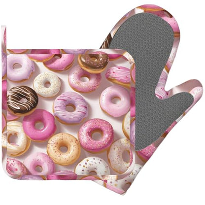Groovy Donuts Oven Mitts and Pot Holders Sets Silicone Kitchen Mitts Potholders Heat Resistant Oven Gloves Hot Pads for Kitchen Baking Cooking - color: Groovy Donuts