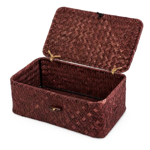 Seagrass Wicker Storage Basket with Lid, Small, Red | 9.05 x 5.11 x 3.34 Inch Box, Shelf Organizer, Rectangular Woven Bin, Small Item Storage, Decorative Color - color: Red, size: 9.05" x 5.11" x 3.34"