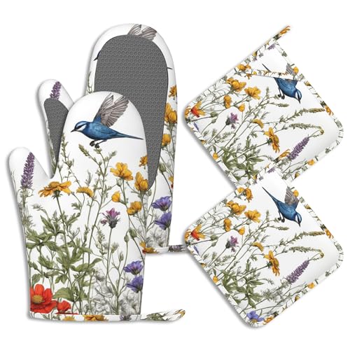 Spring Flower Bird Oven Mitts and Pot Holders Sets of 4 Wildflowers Heat Resistant Silicone Oven Mits Gloves Non-Slip Kitchen Mittens Potholders for Cooking Baking Grilling BBQ - color: Spring Flower Bird,wildflowers