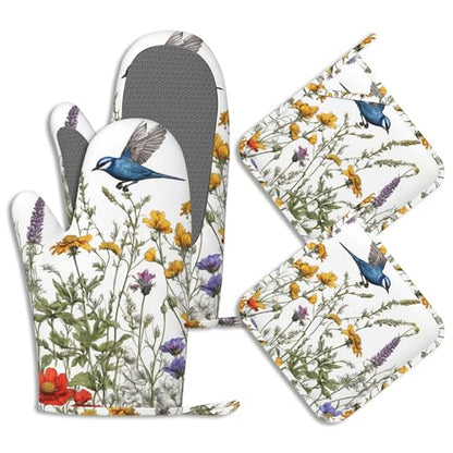 Spring Flower Bird Oven Mitts and Pot Holders Sets of 4 Wildflowers Heat Resistant Silicone Oven Mits Gloves Non-Slip Kitchen Mittens Potholders for Cooking Baking Grilling BBQ - color: Spring Flower Bird,wildflowers