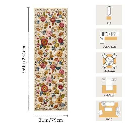 Washable 2.6x8 Runner Rug, Beige Boho Floral Non-Slip for Hallway, Kitchen | Soft Low-Pile Faux Wool Area Rug for Bedroom, Nursery, Bathroom, Laundry, Kid & Pet Friendly, Stain, Fade & Wear Resistant - color: Beige, Cream, Mustard, Brick Red and Blue, siz