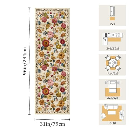 Washable 2.6x8 Runner Rug, Beige Boho Floral Non-Slip for Hallway, Kitchen | Soft Low-Pile Faux Wool Area Rug for Bedroom, Nursery, Bathroom, Laundry, Kid & Pet Friendly, Stain, Fade & Wear Resistant - color: Beige, Cream, Mustard, Brick Red and Blue, siz