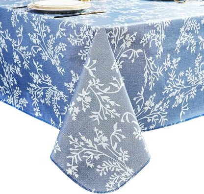 Pioggia Vinyl Tablecloth with Flannel Backing - Waterproof, Oil-Proof, Easy to Clean -Plastic Table Cloth - Perfect for Dining Tables, Kitchen Tables, Parties (Blue Leaves, 54×72 Inch Rectangular) - color: Blue Leaves, size: 72" x 54" (Rectangular)