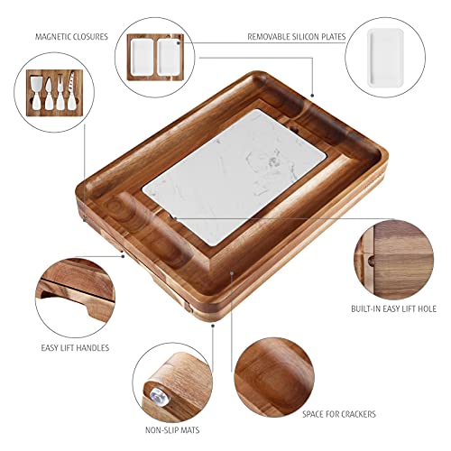 hecef Cheese Board Set Acacia Wood - Large Charcuterie Board with Stainless Steel Knife Set, Thick Wooden Server - Fancy House Warming, Birthday Choice for Gourmets, Feast, Cheese Serving - style: with Drawer-White