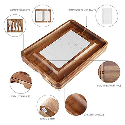 hecef Cheese Board Set Acacia Wood - Large Charcuterie Board with Stainless Steel Knife Set, Thick Wooden Server - Fancy House Warming, Birthday Choice for Gourmets, Feast, Cheese Serving - style: with Drawer-White