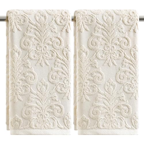 Artoid Mode 2 Pcs Beige 3D Vintage Floral Hand Towels for Bathroom, 100% Cotton Soft Absorbent Bathroom Decor Towels, 13.7 x 29.5 Inch - color: Beige, size: 13.7" x 29.5", 2PCS