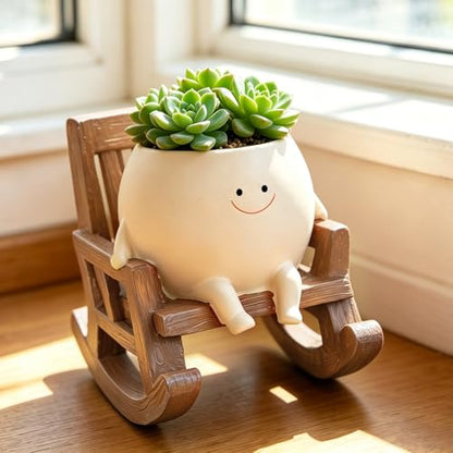 Smiley Face Planter Pot, Cute Resin Flower Head Planters for Indoor Outdoor, Unique Rocking Chair Plant Pot for Succulents Plants Live with Drainage Hole, Gift IdeaI for Mother Christmas (Small)