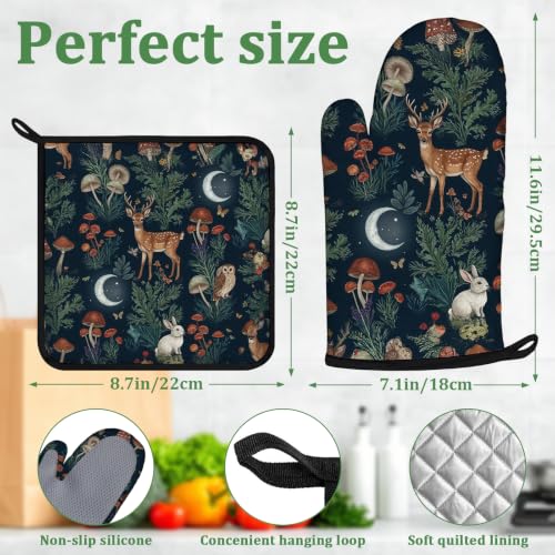 Deer Mushroom Forest Oven Mitts and Pot Holders Sets 4 Pcs Wild Animal Botanical Silicone Kitchen Gloves Heat Resistant Potholders for Baking Grilling BBQ - color: Deer Owl Rabbit