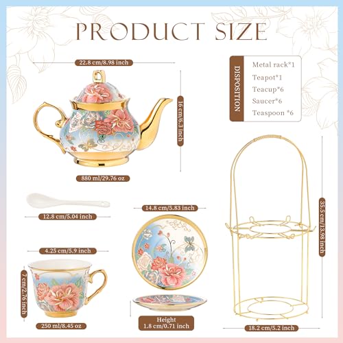 20 Pieces Porcelain Tea Set With Metal Holder, European Ceramic tea set for adults,Flower Tea Set,Tea Set For Women With Flower Painting (VIVID BLUE, Largr Vision) - color: VIVID BLUE