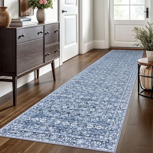 SIILOOM 2.6x10 Washable Runner Rug, Non Slip Area Rug for Hallway Kitchen | Blue/White Soft Boho Vintage Floral Spill & Stain Resistant Low Pile Carpet for Entryway Office Laundry Bedroom, Easy Clean - color: Blue/White, size: 2'7" x 10' (Runner)