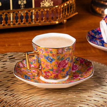 KAMMAK Tea Cup and Saucer, Ceramic Coffee Cups, 4.4 oz, Set of 2 | Porcelain Tea Cups with Saucers for Coffee and Cappuccino, Ideal for Breakfast, Afternoon Tea and Entertaining,647+648N - style: 647N+648N