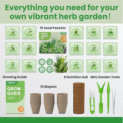 Herb Garden Starter Kit – Fruivity 12800+ 15 in 1 Herb Heirloom Seed Kits for Indoor/Outdoor Planting | Herb Indoor Garden Kit Starter - Complete Herb Garden Starter Set with Gift Packaging for Family