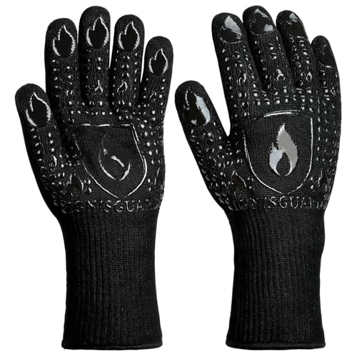 IGNISGUARD® BBQ Gloves, Heat Resistant Grill Gloves, 1 Pair, Black (L) | EN407:2020 tested with textured silicone grip, three-layer construction and long knit cuff for added wrist coverage. - color: Black, size: Large
