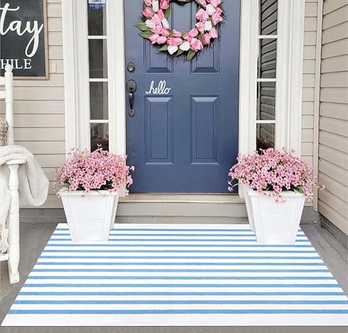 Striped Area Rug 27.5"x43",Light Blue and White Farmhouse Door Mat Outdoor | Machine Washable Cotton Woven Front Porch Rug Layered Doormat Combined With Hello Welcome Mat - color: Blue White, size: 2'4" x 3'7" (Rectangular)