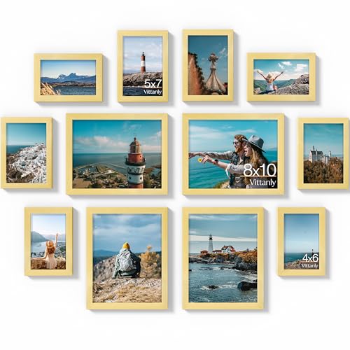 Vittanly 12 Pack Picture Frames Collage Wall Decor, Gold | Gallery Wall Frame Set: 4pcs 8x10, 4pcs 5x7 & 4pcs 4x6 Photos for Wall & Table, Picture Frames made of Engineered Wood - color: Gold