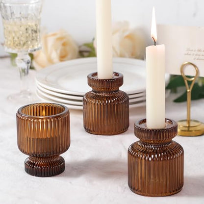 6 Pcs Amber Candlestick Holders - Glass Taper Candle Holders Tealight Votive Candle Holders for Table Centerpieces, Wedding, Dinner Party, Home, Gifts - color: Amber, size: 6Pcs