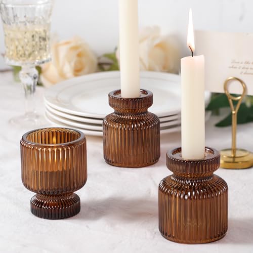 6 Pcs Amber Candlestick Holders - Glass Taper Candle Holders Tealight Votive Candle Holders for Table Centerpieces, Wedding, Dinner Party, Home, Gifts (Pack of 2) - color: Amber, size: 6Pcs (Pack of 2)