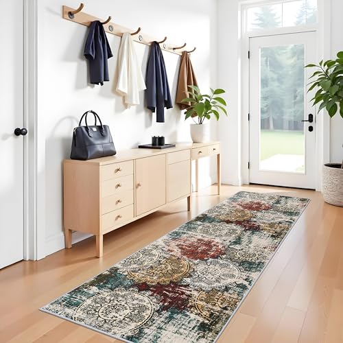 Soft Rug Runners 3x10 Hallways: Red Non Skid Washable Low Pile Kitchen Rugs | Washable Beside Mandala Stamped Floor Mat Indoor for Entryway Mudroom or Laundry Room King Bed Owners 3x10 Red Green Multi - color: Red/Green/Multi, size: 3' x 10' (Rectangular)