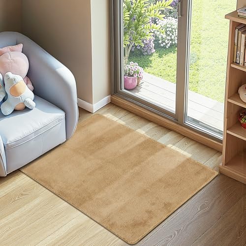 jinchan 2x3 Solid Plush Area Rug Shaggy Washable Entryway Rug, Tan | Soft, Cozy, Non-Slip, Modern, Faux Wool, Performance Rug, Floor Carpet, Doormat, Kids Room, Laundry Room, Bathroom, Kitchen - color: Solid Tan, size: 2' x 3' (Rectangular)