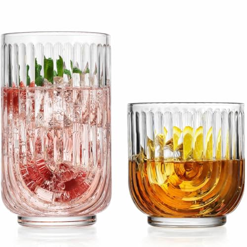 Glaver's 16-Piece Drinking Glass Set, Art Deco Ribbed Arch Design, Clear U-Shape Glassware, 17oz Highball and 11oz DOF Glasses - style: Clear S/16 17oz 11oz