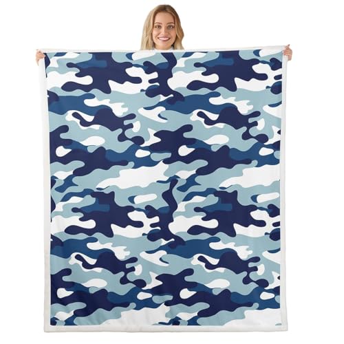 Camouflage Throw Blanket, Boys Blue Camo Blanket for Teens Kids Abstract Art Army Camouflage Design Gaming Sherpa Throw Blanket, Military Style Farmhouse Bedroom Decorative Bed Blanket, Twin Size - color: Multi 104, size: Twin(60"x80")