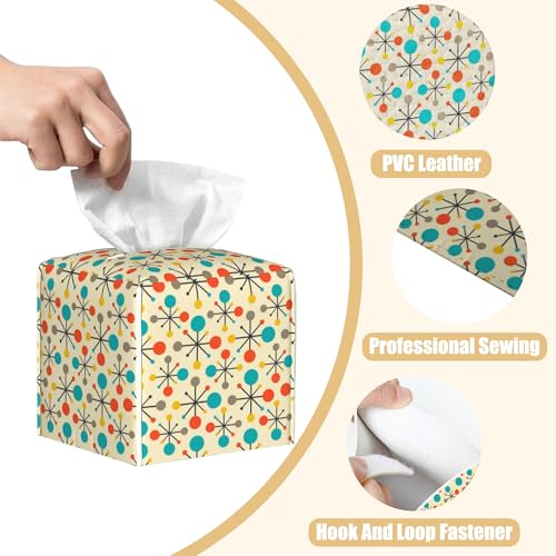 Mid Century Modern Atomic Tissue Box Cover Square, Retro Tissue Box Holder with Bottom Belt Leather Facial Paper Organizer Dispenser for Bathroom Bedroom Dresser Night Stand Tabletop - color: Mid Century Modern Atomic