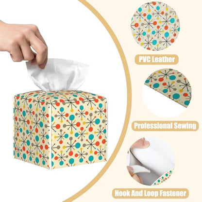 Mid Century Modern Atomic Tissue Box Cover Square, Retro Tissue Box Holder with Bottom Belt Leather Facial Paper Organizer Dispenser for Bathroom Bedroom Dresser Night Stand Tabletop - color: Mid Century Modern Atomic