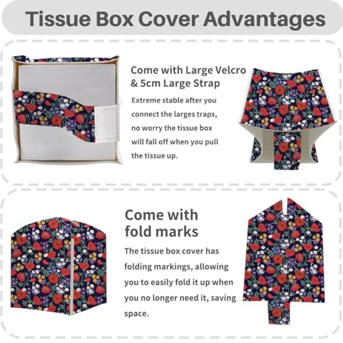 Floral Tissue Box Cover, Tissue Box Holder for Home, Kitchen, 5x5IN - color: Red Flower 376