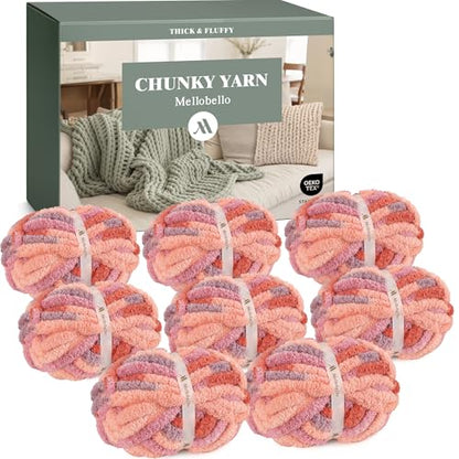 Jumbo Chunky Yarn for Hand Knitting - Super Thick Chenille Chunky Yarn for Crocheting - Extra Soft Bulky Fluffy Blanket Big Yarns 8 Jumbo Pack (27yds,8 oz Each Skein) - color: Sunset Sherbet