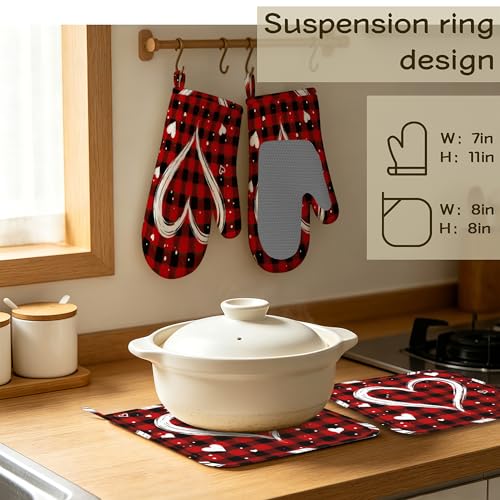 Plaid Love Heart Oven Mitts and Pot Holders Set of 4, Heat Resistant Non Slip Kitchen Gloves Hot Pads, Chef Cooking Baking Gifts for Women Bakers, Kitchen Gifts for Cooking Lover Cooks Mom - color: Plaid Love Heart