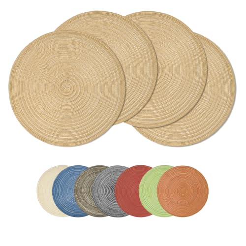 Artoid Mode Beige Cotton Polyester Braided Placemats Set of 4, 14 Inch Washable Non-Slip Woven Round Table Mats for Party Kitchen Dining Decor - color: Beige, size: 14", Round 4 Pcs