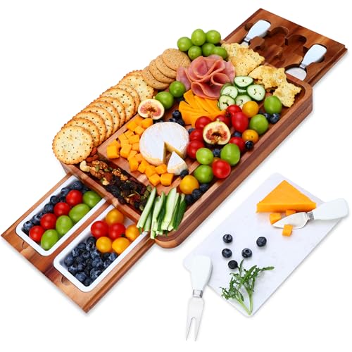 hecef Cheese Board Set Acacia Wood - Large Charcuterie Board with Stainless Steel Knife Set, Thick Wooden Server - Fancy House Warming, Birthday Choice for Gourmets, Feast, Cheese Serving - style: with Drawer-White