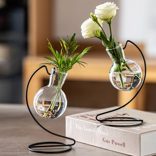 Desktop Glass Plant Propagation Station with Metal Stand,Tabletop Plant Terrarium,Hydroponics Vase for Propagating Hydroponic Office Garden Home Decor, for Weddings, Centerpieces (4)