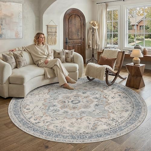 Blue Round Rug 6x6 Living Room Vintage Floral Non-Slip Carpet | Machine Washable, Soft, Low Pile, Distressed, Large for Bedroom, Dining Room, Office, Retro Neutral Decor - color: Vintage | Blue, size: 6' (Round)