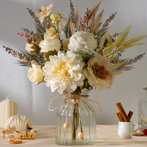 LESING Dahlia Flower Aritificial Flower with Vase Fake Silk Flowers in Glass Vase Faux Rose Flowers Arrangement for Home Office Table Centerpiece Decoration (White) - color: White