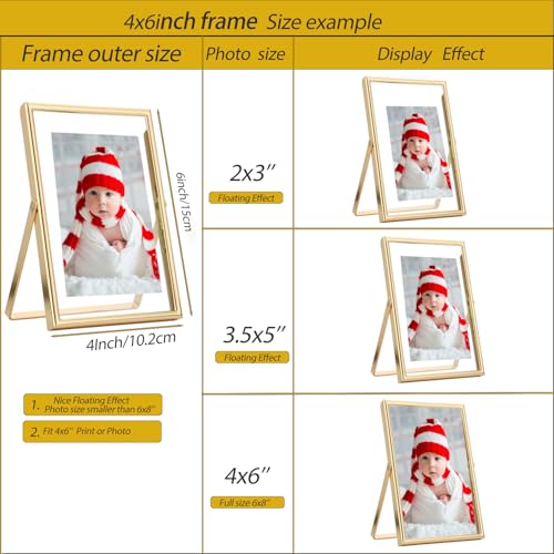 Gold 4x6 Floating Frame 2pack for Photo Sizes(2x3'',3.5x5''),Adjustable Tabletop/Shelf floating Photo Frame,Classy Metal Gift Frames for Wedding,Christmas,Birthady,Home or Office Decor. - size: 4x6''(2PK)