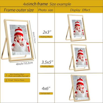 Gold 4x6 Floating Frame 2pack for Photo Sizes(2x3'',3.5x5''),Adjustable Tabletop/Shelf floating Photo Frame,Classy Metal Gift Frames for Wedding,Christmas,Birthady,Home or Office Decor. - size: 4x6''(2PK)