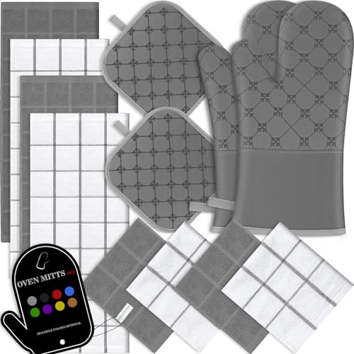 Oven Mitts Kitchen Towels Dishcloths with Pot Holders Sets 12PCS, Dish Towels Sets, Oven Gloves Pot Pads Heat Resistant 500 Degrees with Non-Slip Silicone Surface for Cooking Baking Grilling-Grey - color: Gray