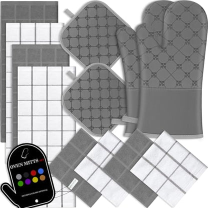 Oven Mitts Kitchen Towels Dishcloths with Pot Holders Sets 12PCS, Dish Towels Sets, Oven Gloves Pot Pads Heat Resistant 500 Degrees with Non-Slip Silicone Surface for Cooking Baking Grilling-Grey - color: Gray