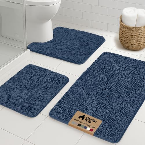 GORILLA GRIP Bathroom Rug Sets 3 Piece, Bath Mat Set and Oval Toilet Base with Rubber Backing, Plush Absorbent Shaggy Chenille Washable Mats, Includes 24x19.5, 24x17 and 30x20 Inch Rugs, Navy - color: Navy, style: 24"x19.5" + 24"x17" + 30"x20" - 3 Pack
