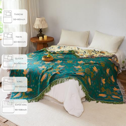 Boho Throw Blanket for Bed Couch 100% Cotton Woven Bed Throws for All Season Lightweight and Soft Cozy Farmhouse Reversible Muslin Decorative Blanket for Travel Picnic, Teal/Cream, 60''x80'' | 4-Layer Breathable Muslin Blanket,100% Organic Cotton Soft Lig