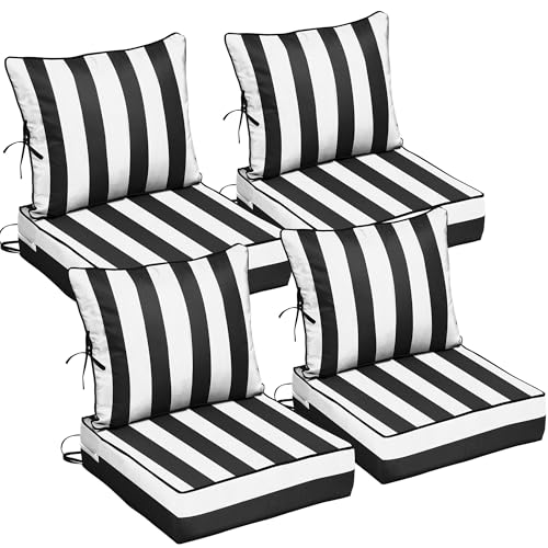 22x24 Outdoor Chair Cushions Set of 4, Waterproof Deep Seat Cushions for Patio Furniture with Removable Cover, Fade Resistant 4'' Outdoor Seat Cushion w/Ties&Handle for Sofa Loveseat,Black Stripes - color: Black White Stripes, size: 22x24x4in-4Set